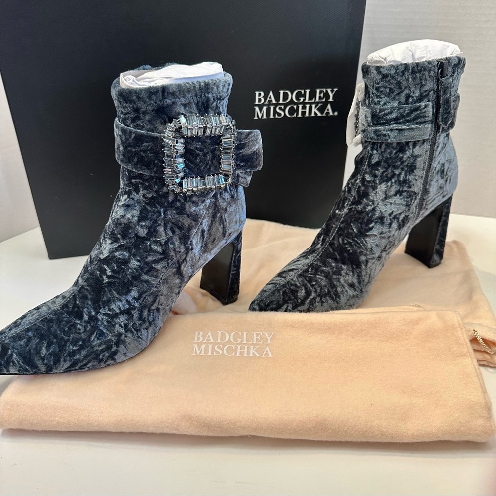 Badgley Mischka Adrian Blue Anthracite Velvet Block Heel Booties-5-Quiet Luxury